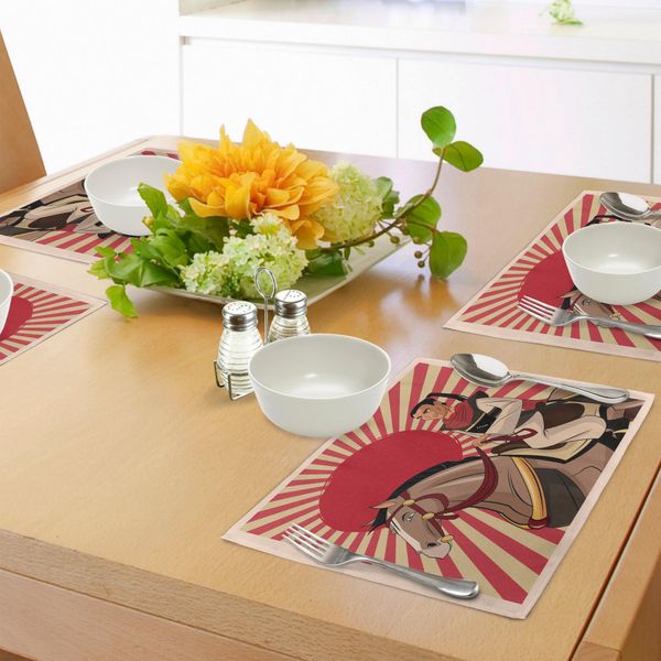 Tovagliette Abakuhaus Samurai, Uomo Giapponese Su Un Cavallo, Caricatura In Stile Orientale, Effetto Fumetto, Strisce, Tiscjdeco In Tessuto Resistente Al Lavaggio Per Sala Da Pranzo E Cucina, Multicolore-image