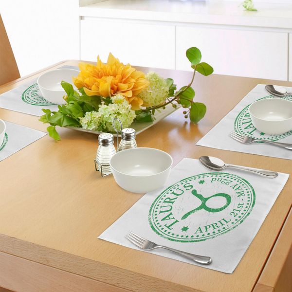 Abakuhaus Tovagliette Con Segno Zodiacale Toro, Stile Grunge, Disegno Grafico Con Timbro Vintage, Stelle E Simboli, Tiscjdeco In Tessuto Resistente Ai Colori Per La Sala Da Pranzo E La Cucina, Verde Felce E Bianco-image