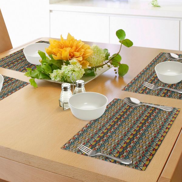 Abakuhaus Tovagliette Africane, Motivo Complesso Di Triangoli, Semicerchi E Linee A Zigzag Con Look Retrò Grunge, Tiscjdeco In Tessuto Resistente Al Lavaggio Per La Sala Da Pranzo E La Cucina, Multicolore-image