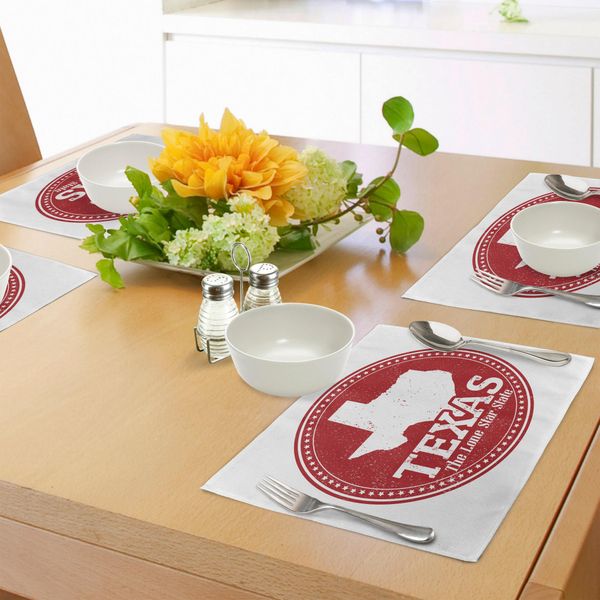 Tovagliette Abakuhaus Texas Stern, Motivo Vintage Stampato E L'unico Stato Delle Stelle Scritto In Una Cornice Circolare, Tiscjdeco In Tessuto Resistente Al Lavaggio Per La Sala Da Pranzo E La Cucina, Bianco E Rubino-image