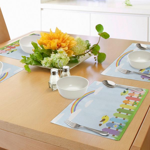 Abakuhaus Tovagliette Vintage Arcobaleno, Uccellini Su Una Staccionata Colorata Su Sfondo A Quadretti Vichy, Decorazioni Da Tavola In Tessuto Resistente Al Lavaggio Per La Sala Da Pranzo E La Cucina, Multicolore-image