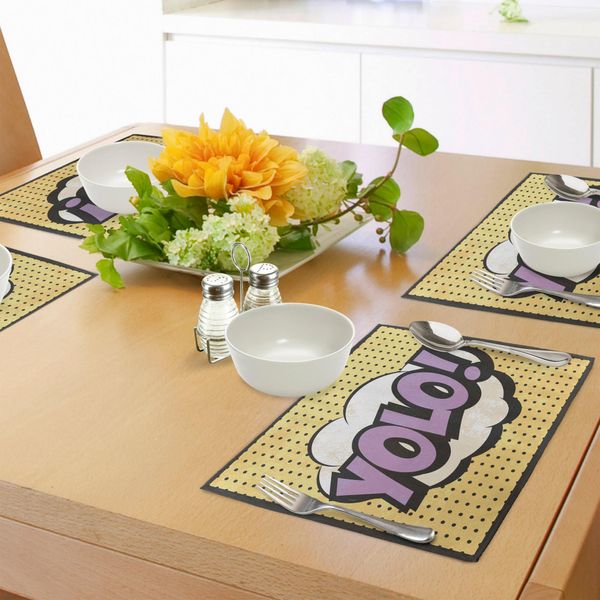 Tovagliette Abakuhaus Yolo, Citazioni Tratte Dai Fumetti Su Sfondo A Pois, Ispirazioni Pop Art, Decorazioni Da Tavola In Tessuto Resistente Ai Colori Per La Sala Da Pranzo E La Cucina, Marrone Chiaro, Lavanda E Nero.-image