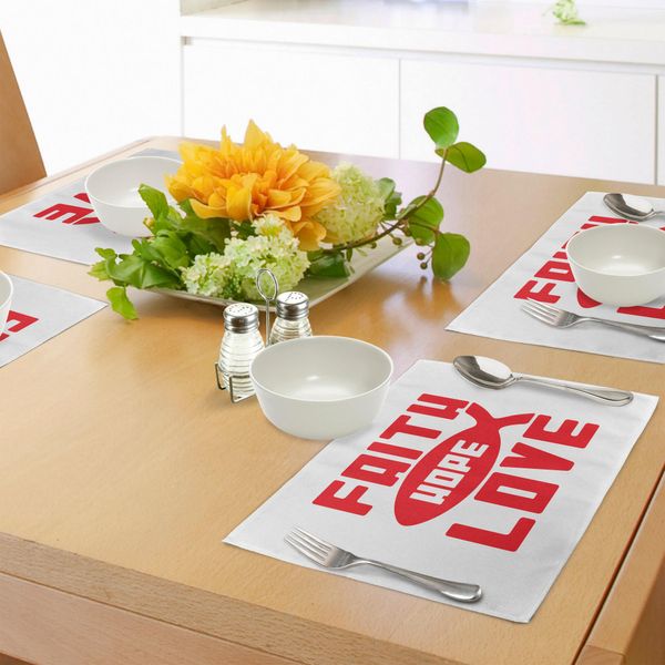 Abakuhaus Tovagliette Hoffnung, Silhouette Monocromatica Di Pesci Con Messaggio Religioso Illustrazione Spirituale, Tiscjdeco In Tessuto Resistente Al Lavaggio Per La Sala Da Pranzo E La Cucina, Rosso Cinabro E Bianco-image