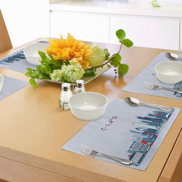Tovagliette Abakuhaus Chicago Skyline, Silhouette Urbana Con Grafica Raffigurante Edifici Famosi, Tiscjdeco In Tessuto Resistente Ai Colori Per La Sala Da Pranzo E La Cucina, Azzurro, Blu, Rosso-image