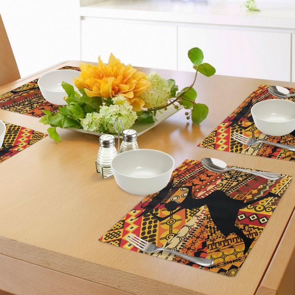 Abakuhaus Tovagliette Africane, Silhouette Di Una Donna Locale Che Porta Un Cesto Con Motivi Tradizionali, Sottobicchieri In Tessuto Lavabile, Decorazioni Per La Tavola Con Stampa, Multicolore-image