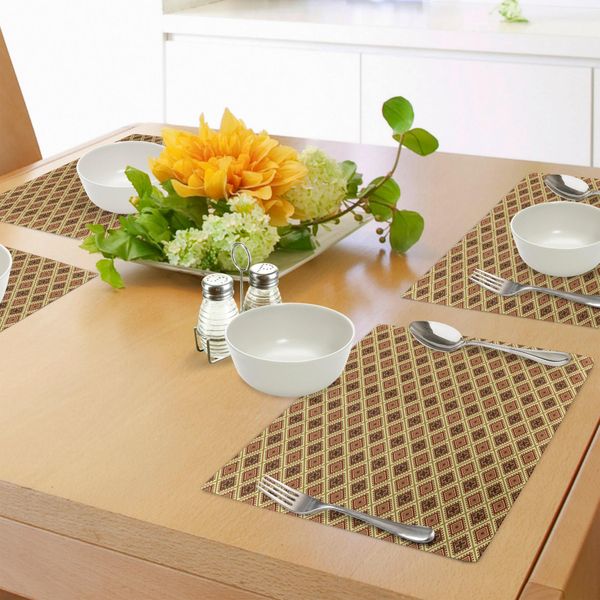 Tovagliette Orientali Abakuhaus, Linee Geometriche Con Intramontabili Ispirazioni Tribali Africane. Moderne, Tiscjdeco In Tessuto Resistente Al Lavaggio Per La Sala Da Pranzo E La Cucina, Caffè Chiaro, Cannella, Giallo.-image