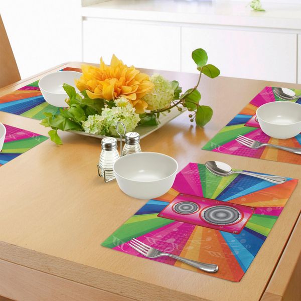 Tovagliette Vintage Abakuhaus Rainbow, Tema Disco-Pop Anni '60-'70 Con Note Musicali E Stereo Rosa, Decorazioni Da Tavola In Tessuto Resistente Al Lavaggio Per La Sala Da Pranzo E La Cucina, Multicolore-image