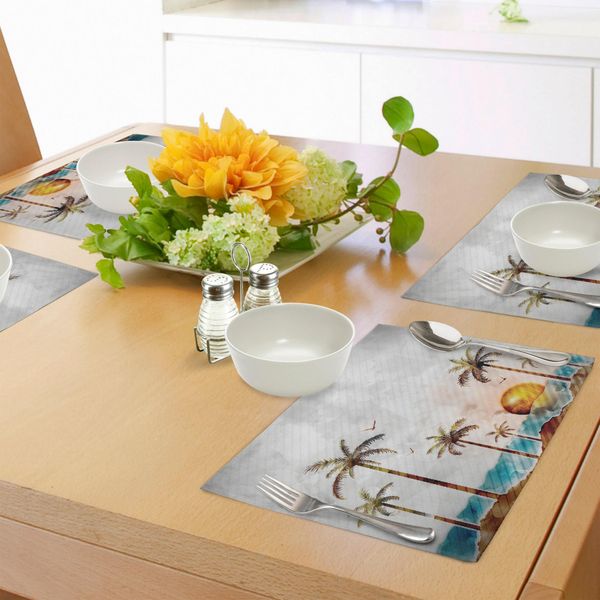 Tovagliette Abakuhaus, Paesaggio Tropicale Con Acquerello, Palme, Oceano, Onde, Tramonto, Spiaggia, Tiscjdeco In Tessuto Resistente Al Lavaggio Per Sala Da Pranzo E Cucina, Multicolore-image