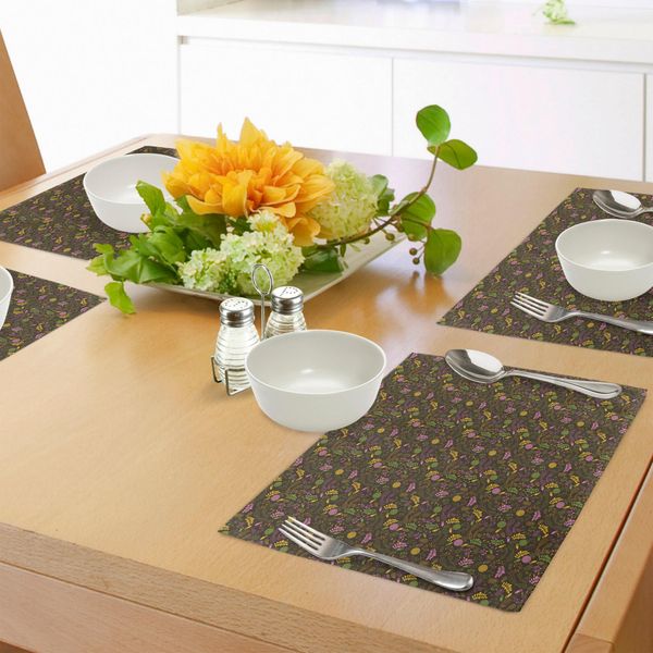 Abakuhaus Tovagliette Floreali, Foglie E Petali Fioriti Scarabocchiati, Motivi Naturali Che Sbocciano Su Sfondo Scuro, Decorazioni Da Tavola In Tessuto Resistente Al Lavaggio Per La Sala Da Pranzo E La Cucina, Multicolore-image