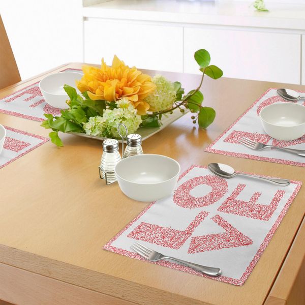 Abakuhaus Tovagliette Amore, Parola Amore Con Decorazioni Floreali, Ispirazione Naturale, Auguri Di San Valentino, Illustrazione Del Giorno, Decorazione Da Tavola In Tessuto Resistente Al Lavaggio Per Sala Da Pranzo E Cucina, Rosso Cinabro Bianco-image
