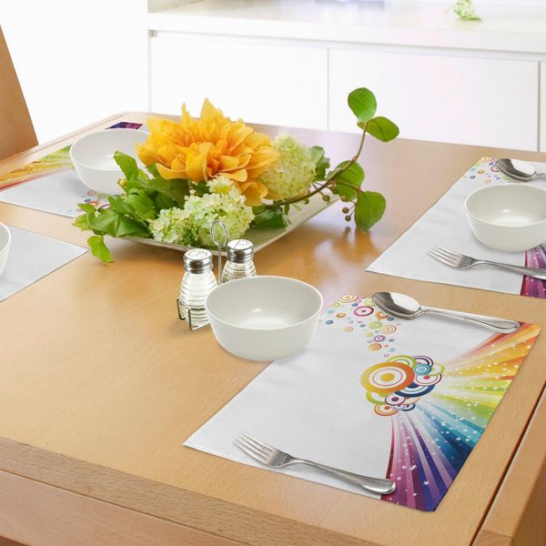 Tovagliette Vintage Abakuhaus Con Motivo Arcobaleno, Strisce Colorate, Onde E Cerchi Con Illustrazioni Di Stelle, Decorazioni Da Tavola In Tessuto Resistente Al Lavaggio Per La Sala Da Pranzo E La Cucina, Multicolore-image