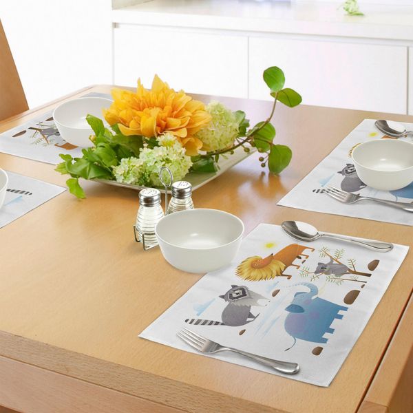Abakuhaus Tovagliette Per Bambini, Animali Esotici Leone Africano Elefante Procione E Koala Disegno Acquerellato Cartoon, Tiscjdeco In Tessuto Resistente Al Lavaggio Per Sala Da Pranzo E Cucina, Multicolore-image