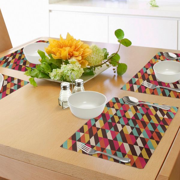 Abakuhaus Tovagliette Astratte, Scatole Geometriche Quadrate Con Strisce Parallele Di Barre Colorate E Triangoli, Stile Retrò, Tiscjdeco In Tessuto Resistente Ai Colori Per La Sala Da Pranzo E La Cucina, Multicolore-image