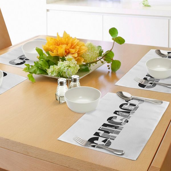 Abakuhaus Tovagliette Chicago Skyline, Testo In Bianco E Nero Con Edifici Astratti Che Delineano Lo Skyline Di Chicago, Tiscjdeco In Tessuto Resistente Ai Colori Per La Sala Da Pranzo E La Cucina, Bianco E Nero-image