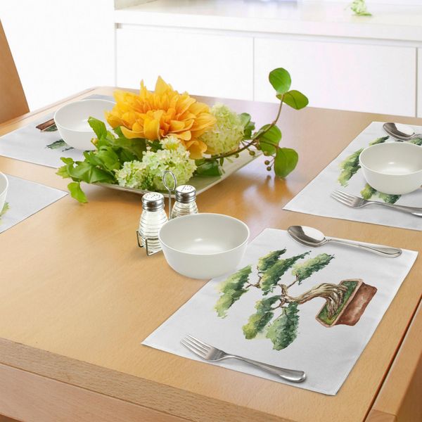 Tovagliette Zen Garden Abakuhaus, Bonsai Acquerellati, Alberi Giapponesi Disegnati A Mano, Ispirati Alla Natura Orientale, Tiscjdeco In Tessuto Resistente Al Colore Per La Sala Da Pranzo E La Cucina, Marrone Chiaro Verde-image