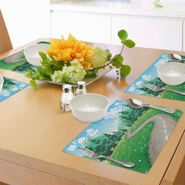 Tovagliette Abakuhaus Primavera, Cielo Azzurro Limpido, Paesaggio Primaverile Con Fiori E Sentiero Sotto I Pini, Tiscjdeco In Tessuto Resistente Al Lavaggio Per La Sala Da Pranzo E La Cucina, Verde Cacciatore E Azzurro.-image