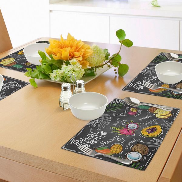 Tovagliette Abakuhaus Con Motivi Fruttati, Disegni Fatti A Mano Di Mango, Drago, Frutto Della Papaya, Cocco E Ananas - Tavola Tropicale, Decorazione Da Tavola In Tessuto Resistente Al Lavaggio Per La Sala Da Pranzo E La Cucina, Multicolore-image