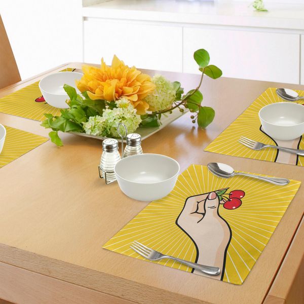 Tovagliette Abakuhaus, Stile Retrò Pop Art, Con Disegno Di Ciliegie Su Sfondo Giallo, Decorazione Da Tavola In Tessuto Resistente Al Lavaggio Per Sala Da Pranzo E Cucina, Multicolore-image