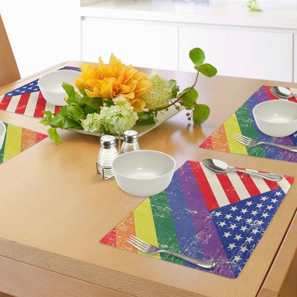 Tovagliette Vintage Abakuhaus Con Arcobaleno, Bandiera Pride Consumata E Vecchi Motivi Patriottici, Libertà E Lgbt, Tiscjdeco In Tessuto Resistente Ai Colori Per La Sala Da Pranzo E La Cucina, Multicolore-image