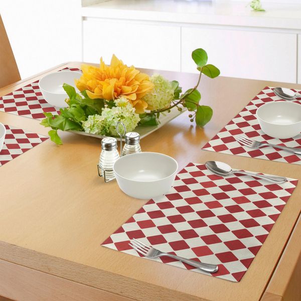 Tovagliette Retrò Abakuhaus, Motivo Geometrico Arlecchino Con Sfondo Vintage E Motivo A Rombi, Tiscjdeco In Tessuto Resistente Al Lavaggio Per La Sala Da Pranzo E La Cucina, Rosso Cinabro E Avorio-image