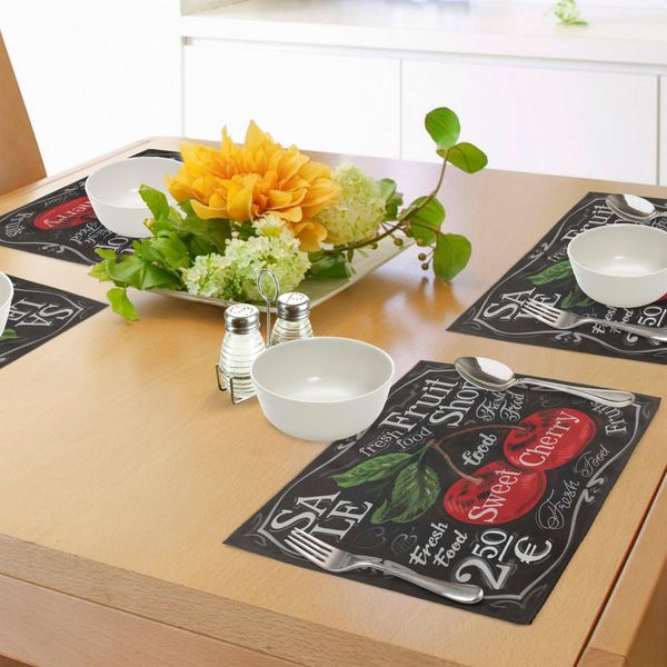 Tovagliette Abakuhaus Con Motivi Fruttati, Disegno Di Ciliegie Mature E Foglie Su Sfondo Scuro, Decorazioni Da Tavola In Tessuto Resistente Ai Colori Per La Sala Da Pranzo E La Cucina, Multicolore-image