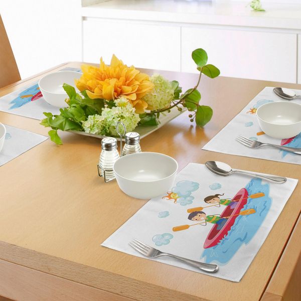 Tovagliette Sportive Per Bambini Abakuhaus, Fratellini Che Vanno Insieme In Kayak Nel Mare Estivo In Una Giornata Di Sole, Decorazione Da Tavolo In Tessuto Resistente Al Lavaggio Per La Sala Da Pranzo E La Cucina, Multicolore-image