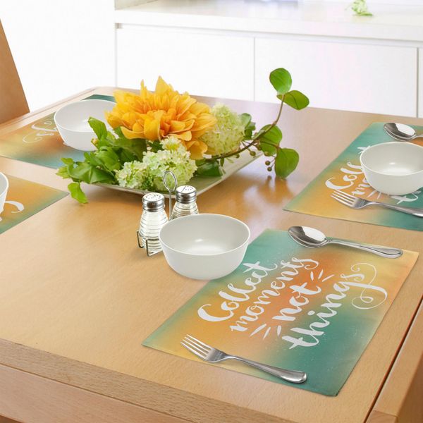 Abakuhaus Tovagliette Con Citazioni, Proverbi Motivazionali Che Raccolgono Momenti, Non Oggetti, Su Sfondo Bicolore, Decorazioni Da Tavola In Tessuto Resistente Al Lavaggio Per La Sala Da Pranzo E La Cucina, Arancione Acqua Marina E Bianco.-image