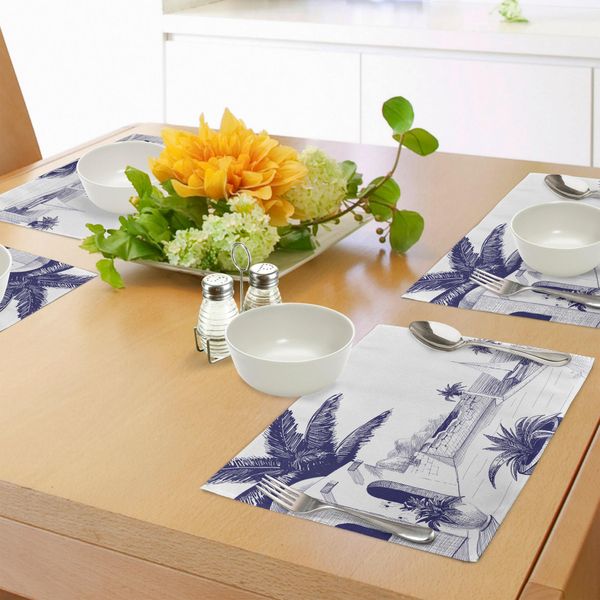 Abakuhaus Tovagliette Vintage, Casa Al Mare Clima Mediterraneo Estivo Soleggiato Stampa Artistica, Tiscjdeco In Tessuto Resistente Al Lavaggio Per La Sala Da Pranzo E La Cucina, Indaco E Bianco-image