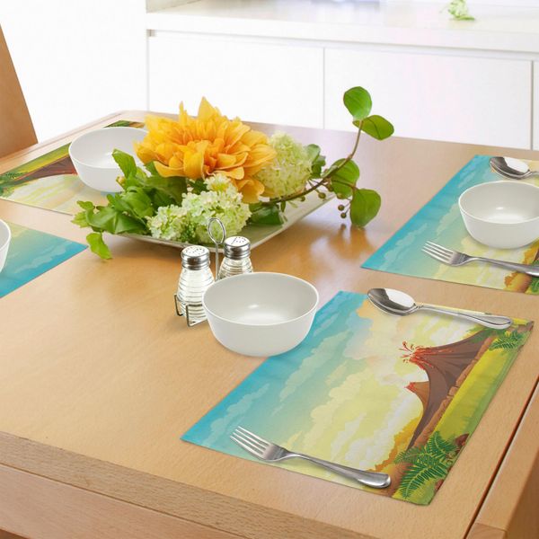 Tovagliette Abakuhaus Vulcano, Montagna Preistorica Magma Vista Lava Con Nuvole Felci Paesaggio Tettonico Pastorale, Tiscjdeco In Tessuto Resistente Ai Colori Per La Sala Da Pranzo E La Cucina, Multicolore-image