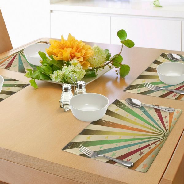 Abakuhaus Tovagliette Vintage Arcobaleno, Effetto Consumato Con Strisce Colorate E Motivo Retrò A Stelle A Tema Carnevalesco, Decorazioni Da Tavola In Tessuto Resistente Al Lavaggio Per La Sala Da Pranzo E La Cucina, Multicolore-image
