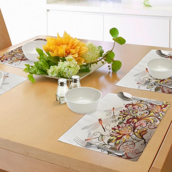 Abakuhaus Tovagliette Primaverili, Flower Field Foliage Con Libellule Magical Season Shabby Classic Leaves Pattern, Tiscjdeco In Tessuto Resistente Al Lavaggio Per Sala Da Pranzo E Cucina, Multicolore-image