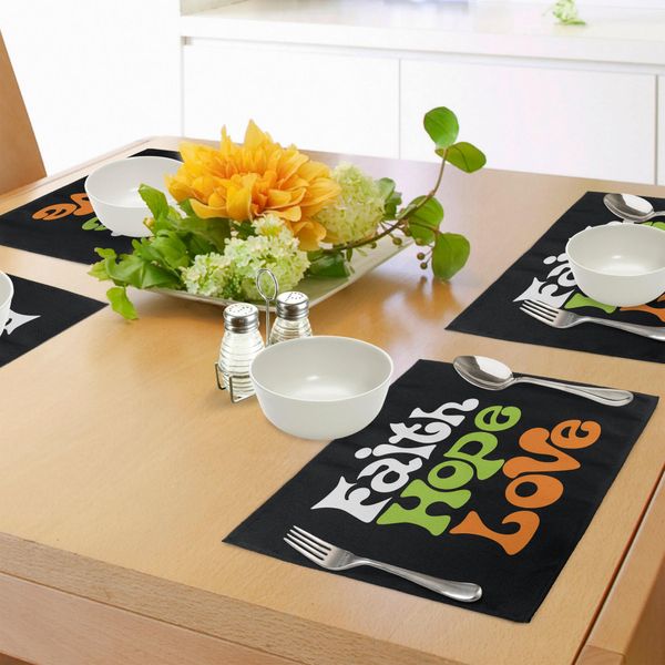 Abakuhaus Tovagliette Hoffnung, Ispirate Agli Anni '60, Con Scritte A Mano "Fede"" E ""Amore"" E Motivi Religiosi, Tiscjdeco In Tessuto Resistente Ai Colori Per La Sala Da Pranzo E La Cucina, Multicolore"-image