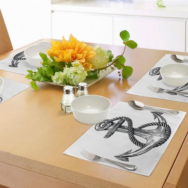 Abakuhaus Tovagliette Anchor, Illustrazione In Stile Vigneto, Corda Monocolore, Arredamento Marittimo, Tiscjdeco In Tessuto Resistente Al Colore Per La Sala Da Pranzo E La Cucina, Bianco E Nero-image