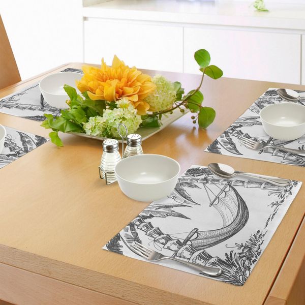 Abakuhaus Tovagliette Vintage, Amaca E Palme Vacanze Relax Sulla Costa Paesaggio Tropicale, Tiscjdeco In Tessuto Resistente Ai Colori Per La Sala Da Pranzo E La Cucina, Grigio Antracite Bianco-image