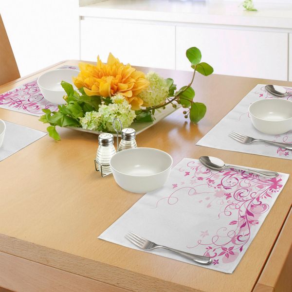 Tovagliette Abakuhaus Rose, Foglie Vorticose Con Fiori E Farfalle Composizione Naturale Da Sogno, Decorazioni Da Tavola In Tessuto Resistente Al Lavaggio Per La Sala Da Pranzo E La Cucina, Rosa Magenta E Rosa Cipria-image
