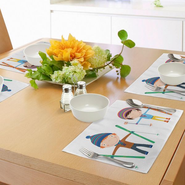 Tovagliette Sportive Per Bambini Abakuhaus, Divertente Stampa Con Fratello E Sorella Che Si Divertono Sugli Sci In Inverno, Hobby E Attività, Tiscjdeco In Tessuto Resistente Al Lavaggio Per La Sala Da Pranzo E La Cucina, Multicolore-image