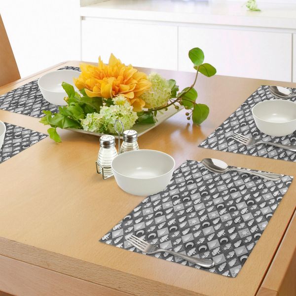Abakuhaus Tovagliette Grigie E Bianche, Motivo A Quadri Diagonali Con Icone Meteorologiche Astratte, Tiscjdeco In Tessuto Resistente Al Lavaggio Per La Sala Da Pranzo E La Cucina, Grigio Antracite Grigio Chiaro Bianco-image