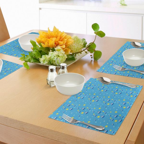 Abakuhaus Tovagliette Gialle E Blu, Motivo Infantile Con Barche Sull'oceano E Sole, Tiscjdeco In Tessuto Resistente Al Lavaggio Per La Sala Da Pranzo E La Cucina, Blu Navy, Giallo E Blu-image