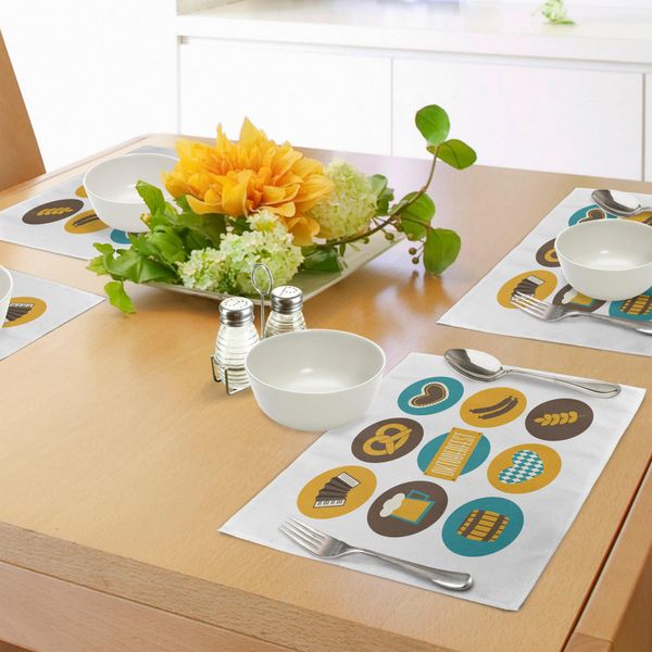 Abakuhaus Tovagliette Tedesche, Bavarese Con Tema Brezel, Birra E Fisarmonica, Tiscjdeco In Tessuto Resistente Ai Colori Per La Sala Da Pranzo E La Cucina, Marrone, Giallo, Marrone E Verde Acqua-image