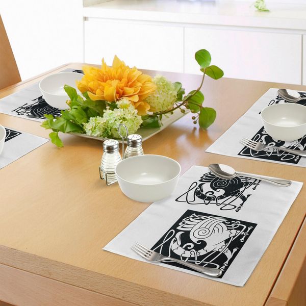 Abakuhaus Tovagliette Celtiche, Sagome Di Uccelli - Animali Fantastici Con Motivi Ornamentali Ispirati Al Traforo, Tiscjdeco In Tessuto Resistente Al Lavaggio Per La Sala Da Pranzo E La Cucina, Bianco E Nero-image