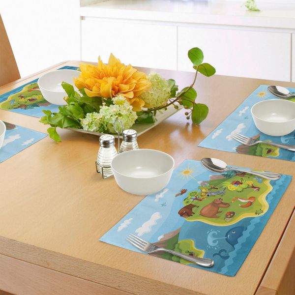 Tovagliette Abakuhaus Con Animali, Mappamondo Con Allegri Animali Di Ogni Tipo, Montagne Innevate E Cielo Azzurro, Tiscjdeco In Tessuto Resistente Al Lavaggio Per La Sala Da Pranzo E La Cucina, Multicolore-image