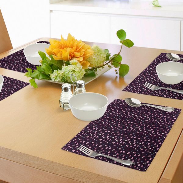 Tovagliette Abakuhaus Con Motivo Fiori Di Ciliegio, Sakura Yozakura Pattern Su Sfondo Notturno, Tiscjdeco In Tessuto Resistente Al Lavaggio Per La Sala Da Pranzo E La Cucina, Viola Scuro, Verde Acqua E Rosa-image