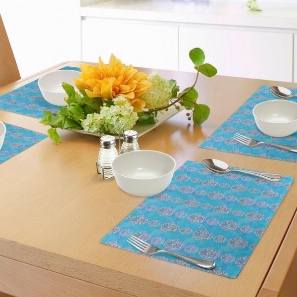 Tovagliette Abakuhaus Hamsa, Sfondo Color Sporco Con Motivo Orientale A Forma Di Mano E Fiori, Tovaglietta Decorativa In Tessuto Resistente Ai Colori Per La Sala Da Pranzo E La Cucina, Blu Navy, Bianco E Blu-image