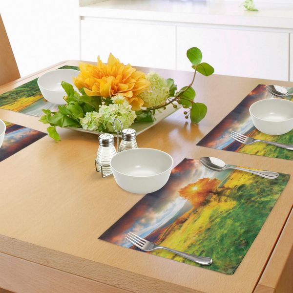 Abakuhaus Tovagliette Paesaggio, Illustrazione Autunnale Con Montagne E Prati Al Tramonto Effetto Acquerello, Decorazione Da Tavola In Tessuto Resistente Al Lavaggio Per Sala Da Pranzo E Cucina, Multicolore-image
