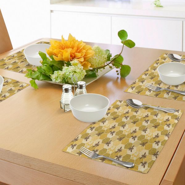 Tovagliette Abakuhaus Ape, Sagome Grunge Di Api Sovrapposte Su Un Motivo Geometrico A Nido D'ape Patchwork, Tovaglietta Decorativa In Tessuto Resistente Al Lavaggio Per Sala Da Pranzo E Cucina, Multicolore-image