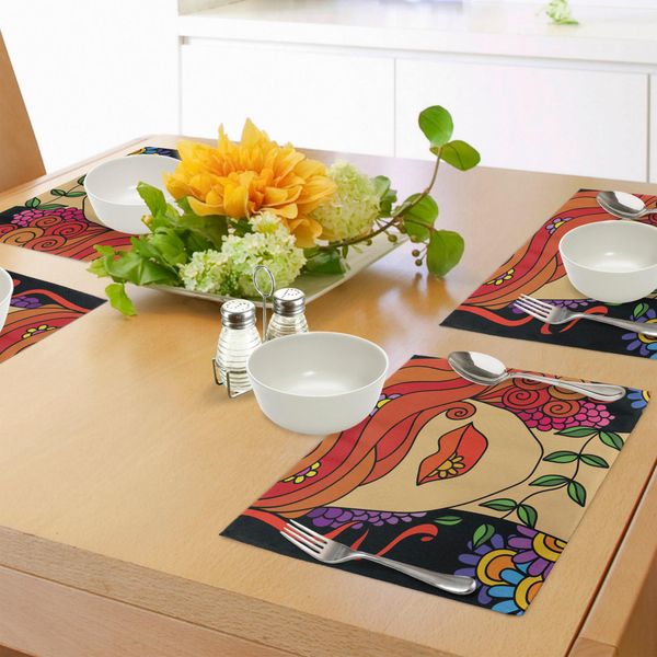 Abakuhaus Tovagliette Contemporanee, Ritratto Astratto Surreale Di Una Donna Con Capelli Ricci, Fiori E Foglie, Tovaglietta Decorativa In Tessuto Resistente Ai Colori Per La Sala Da Pranzo E La Cucina, Multicolore-image