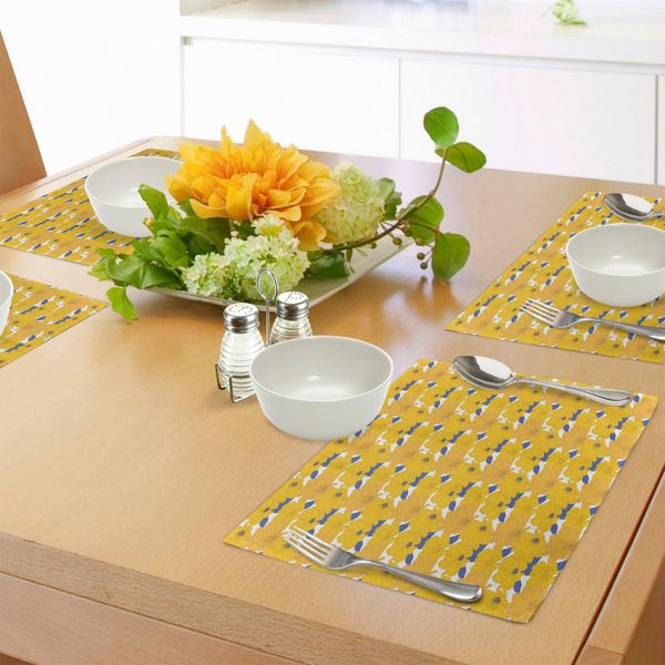 Tovagliette Abakuhaus Con Motivi Floreali, Illustrazioni Naturali Disegnate A Mano Con Foglie In Tonalità Blu, Stampa Digitale Su Tessuto Lavabile, Decorazione Per La Tavola, Cucina, Arancione, Giallo E Blu-image
