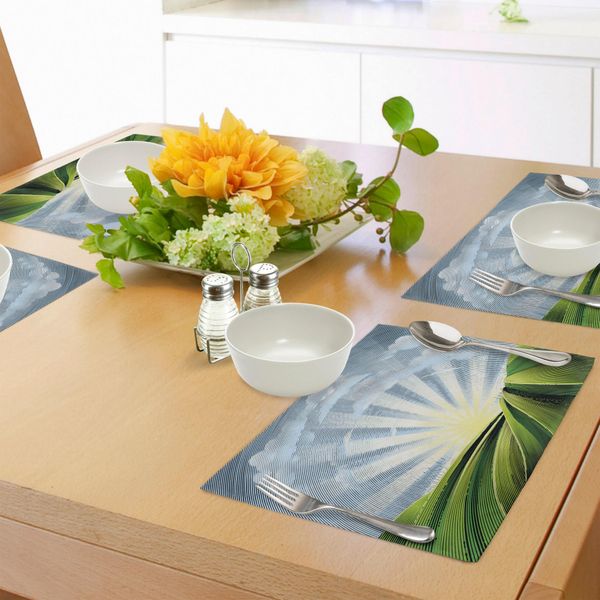 Abakuhaus Tovagliette Psichedeliche, Campi Ondulati, Alba, Villaggio, Effetti Digitali Pastorali, Tiscjdeco In Tessuto Resistente Al Colore Per La Sala Da Pranzo E La Cucina, Giallo Chiaro, Verde E Blu-image