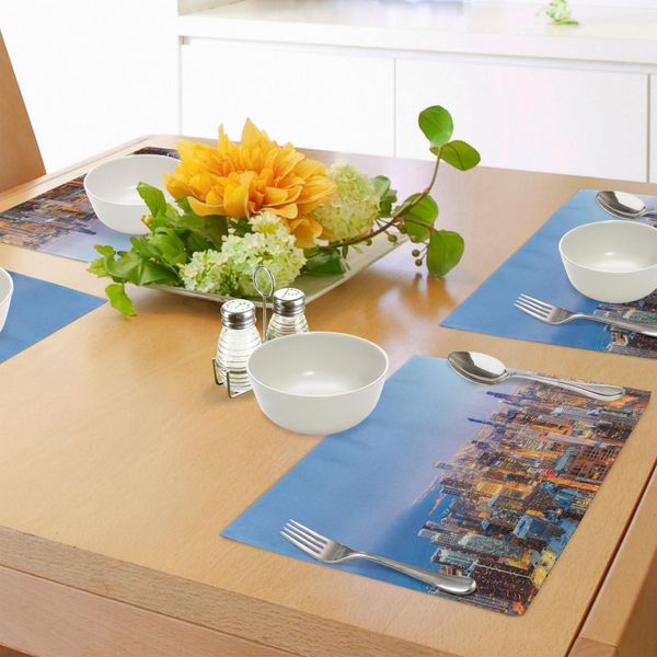 Tovagliette Abakuhaus Chicago Skyline, Vista A Volo D'uccello Della Città Con Panorama Serale Vibrante Sul Lago Michigan, Tiscjdeco In Tessuto Resistente Ai Colori Per La Sala Da Pranzo E La Cucina, Multicolore-image