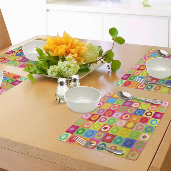 Abakuhaus Tovagliette Colorate, Vivaci Colori Dei Quadrati Disegnati A Mano, Cerchi Infantili, Asilo Nido, Tiscjdeco In Tessuto Resistente Al Colore Per La Sala Da Pranzo E La Cucina, Multicolore-image
